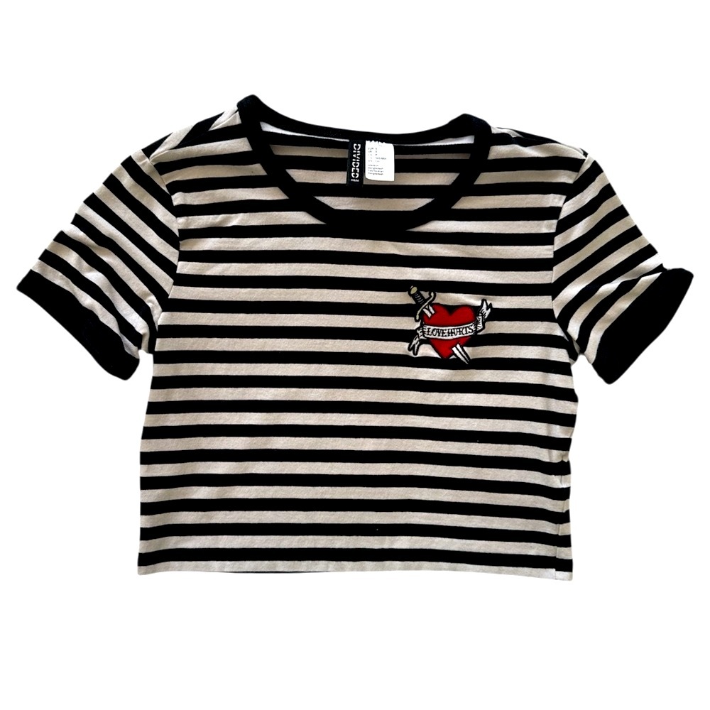 Black and White Striped Short Sleeve Crop Tee